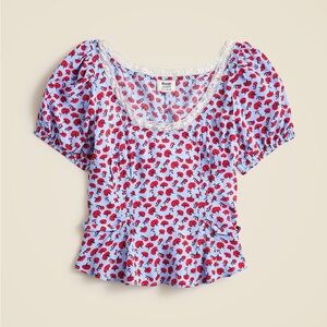 J.Crew x Rouje Blue Floral Lace-Trim Puff Sleeve Top